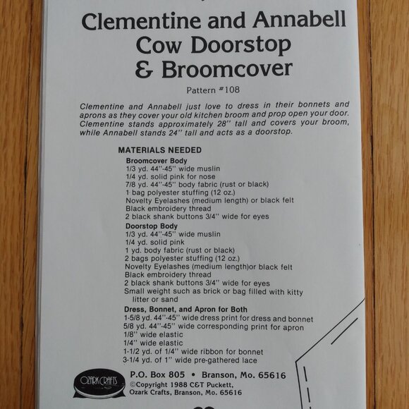 Vintage Cow Doll Sewing Pattern Doorstop Broom Cover Farmhouse Decor UNCUT - Picture 3 of 7